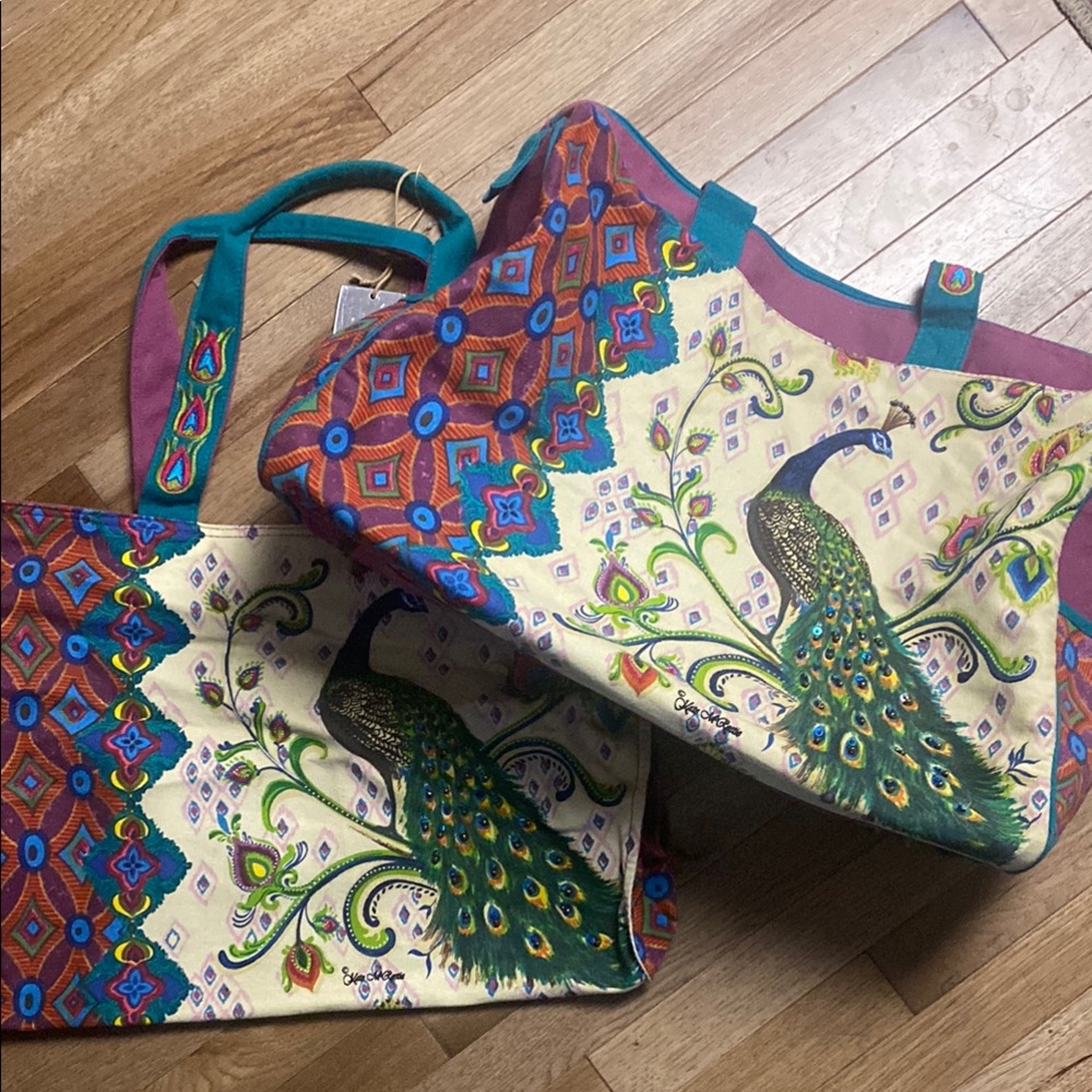 Elegant Green and Blue Peacock canvas zippered tote bags with Teal Straps